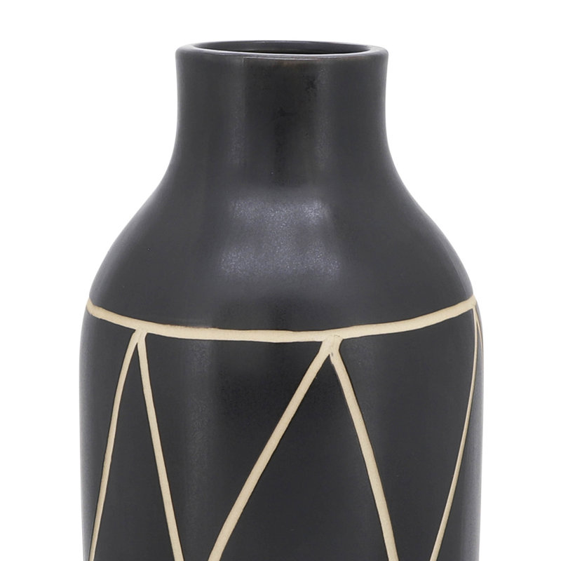 Vase Stoneware Ceramic Geometric Pattern 16 Inch Black Boho Home Office Bedroom Living Room Decor.