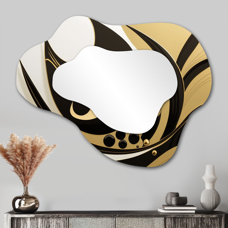 Golden Circular Universe VII - miroir géométrique asymétrique, miroir mural noir unique, impression sur métal, 27 po x 35 po