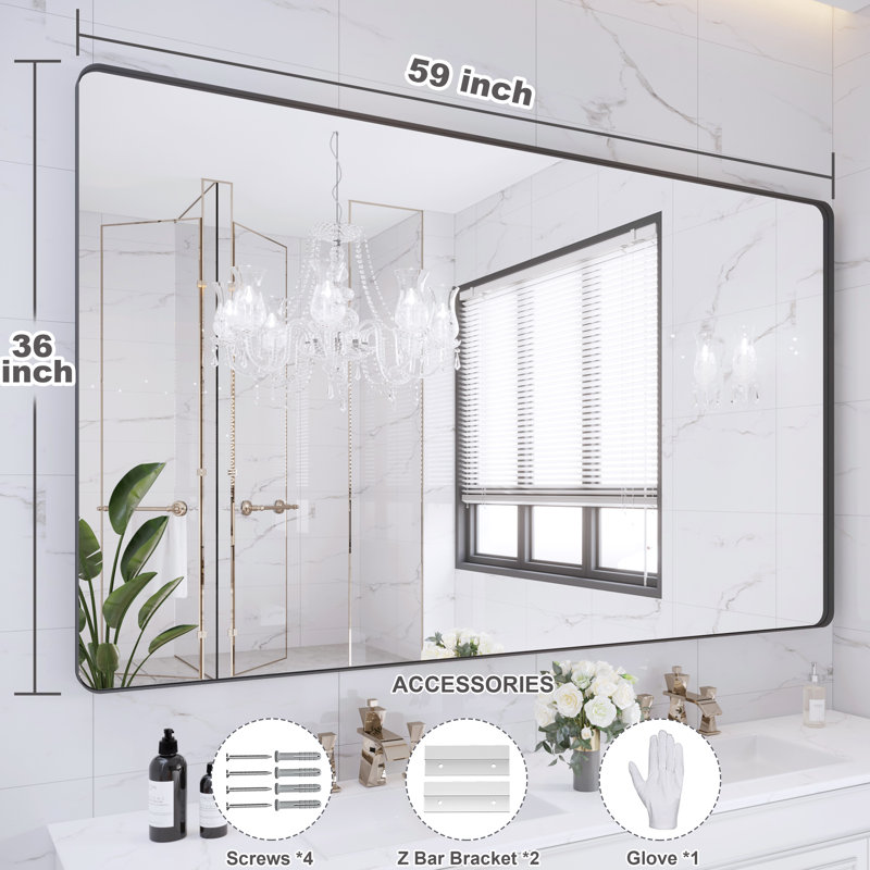 Lesamuel Filleted Corner Wall Mounted Bathroom and Vanity Mirror with Aluminum Frame, 36" x 59", Black, Rectangle