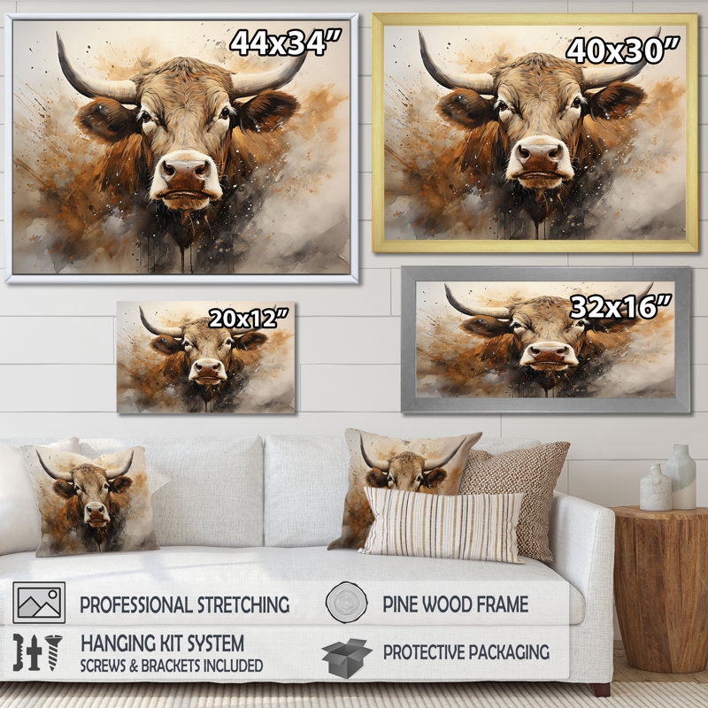 Portrait de vache dans des tons sépia I sur toile, Cadre simple argenté, H 34 po x l 44 po x P 1,5 po
