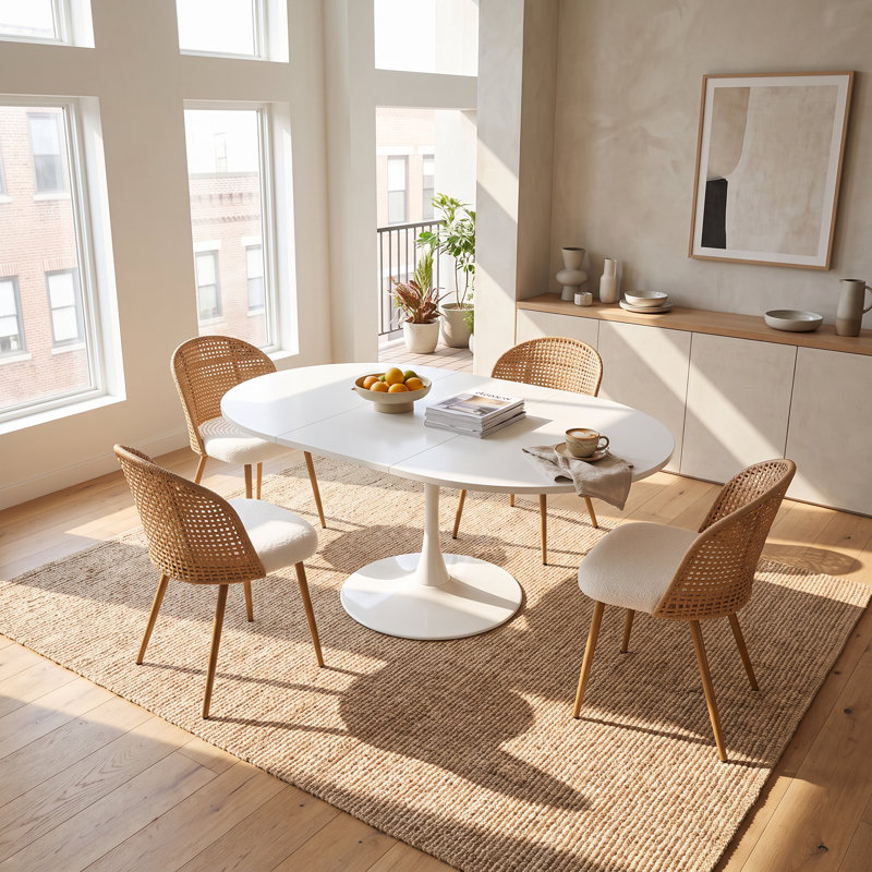 Table de salle à manger extensible ovale avec base en piédestal en métal, sièges 4-6, blanc, Blanc