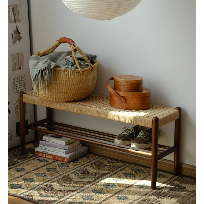Banc à chaussures scandinave en bois massif tissé à corde, Chêne / noyer 
