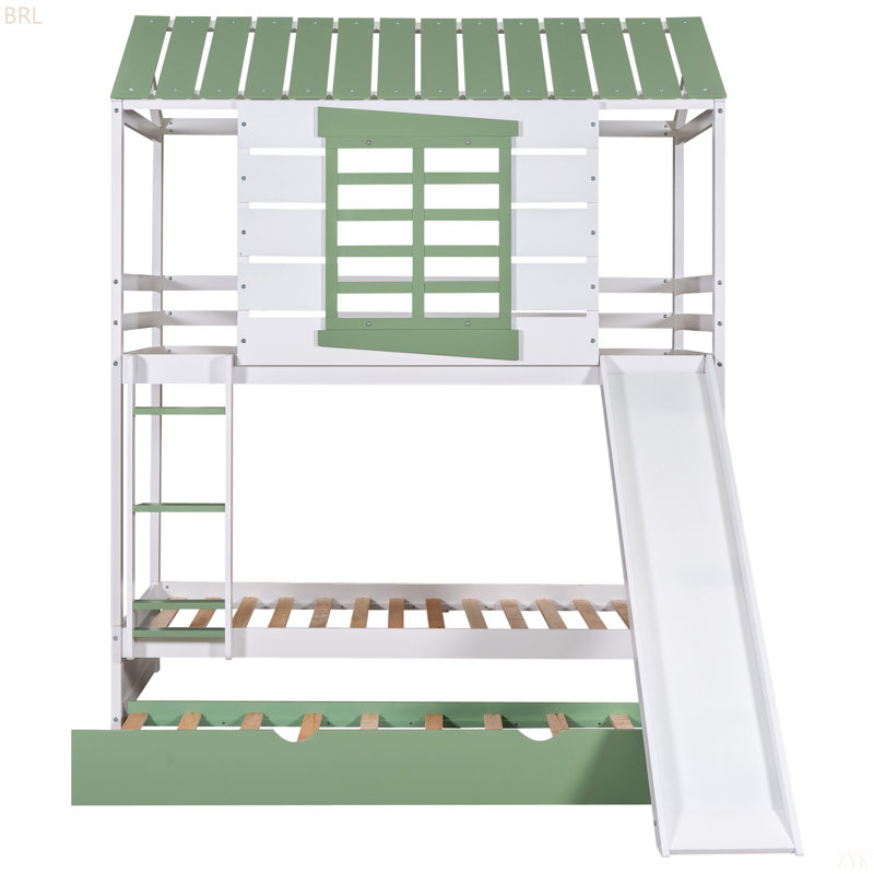 Lit superposé simple au-dessus de simple avec glissière convertible et lit gigogne, blanc et vert