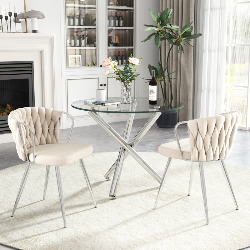 Elegant Round Glass Dining Table Set, Beige, 3 Pieces: Table, 2 Chairs, Silver