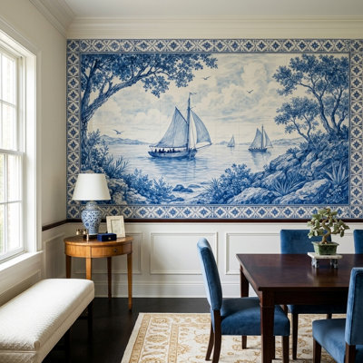 Papier peint vintage avec motif de voiliers et paysage marin, frise murale en carreaux.