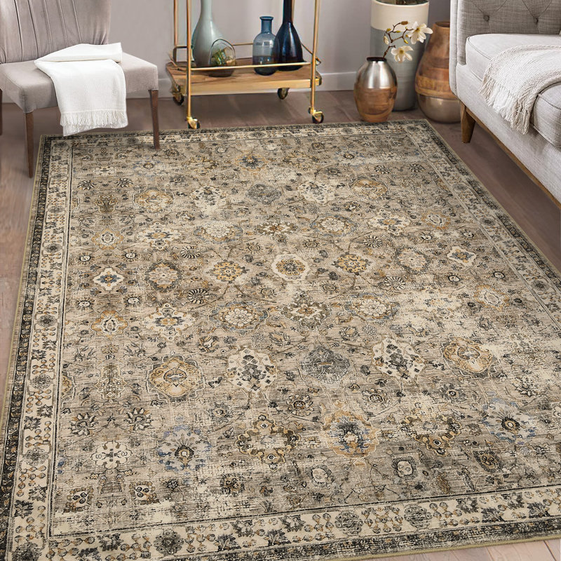 Tapis à motif floral rétro Boho, Beige, Rectangle 5' x 7'