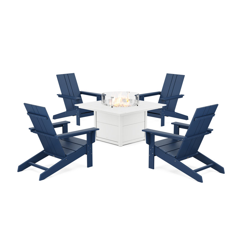 POLYWOOD by AllModern Outdoor Adirondack Chair With Table, Navy/White