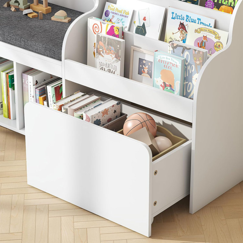 67” Kids Bookshelf and Bookcase, Reading Nook with Bench, Modern Kids Bookshelf with Seat Cushion and 6 Storage Cubbies, Toy Storage Box on Wheels, Toy Chest for Nursery, Classroom White