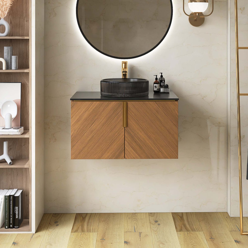 Meuble-lavabo mural en contreplaqué avec comptoir en pierre frittée noire et lavabo et portes ronds en céramique, couleur grain de bois chêne brun