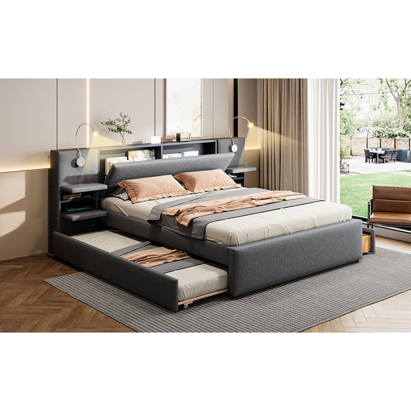 Grand lit tapissier gris avec lumières, tête de lit escamotable et lit gigogne, Gris