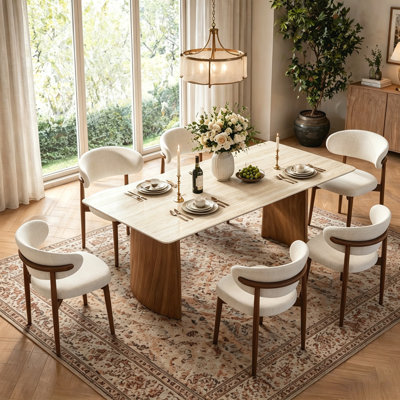 71"mid Century Modern Dining Table For 6, Retangular Kitchen Table With White Travertine Sintered Stone Top