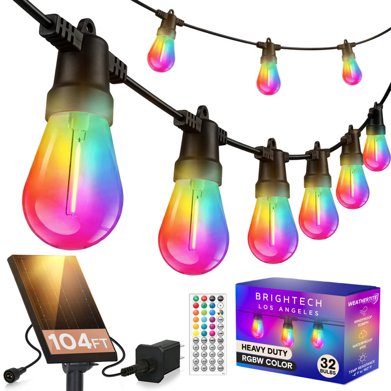 Hybrid 104 ft. Solar Powered & Plug-In RGB LED String Lights Outdoor Patio Waterproof with 48 S14 Shatterproof Bulbs, Color Changing, Remote Control