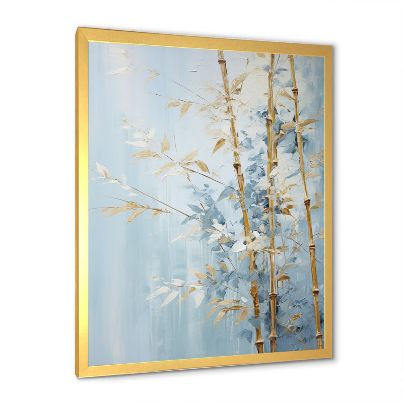Or et bambou bleu sur toile, H 40 po x l 30 po x P 1,5 po, Encadrement doré