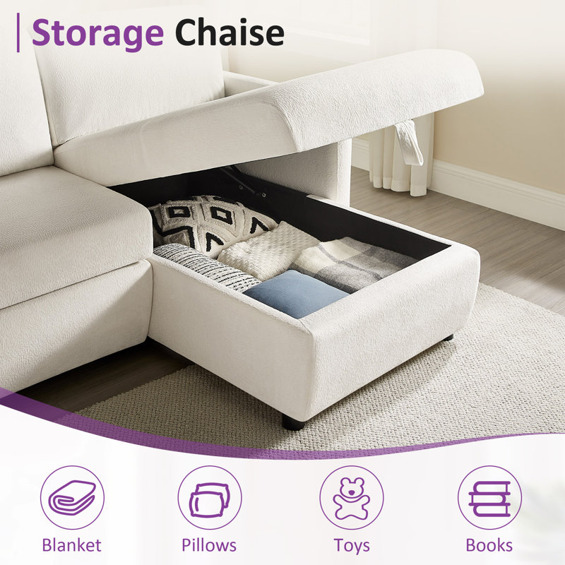 84'' Pull-Out Sofa Bed With Storage Chaise And Side Pockets, White Polyester