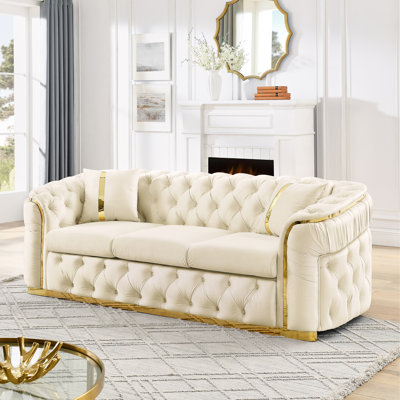 Velvet Button Tufted 3 Seater Sofa Couch With Pillows And Stainless Steel Accents, Ideal For Luxury Living Room Decor