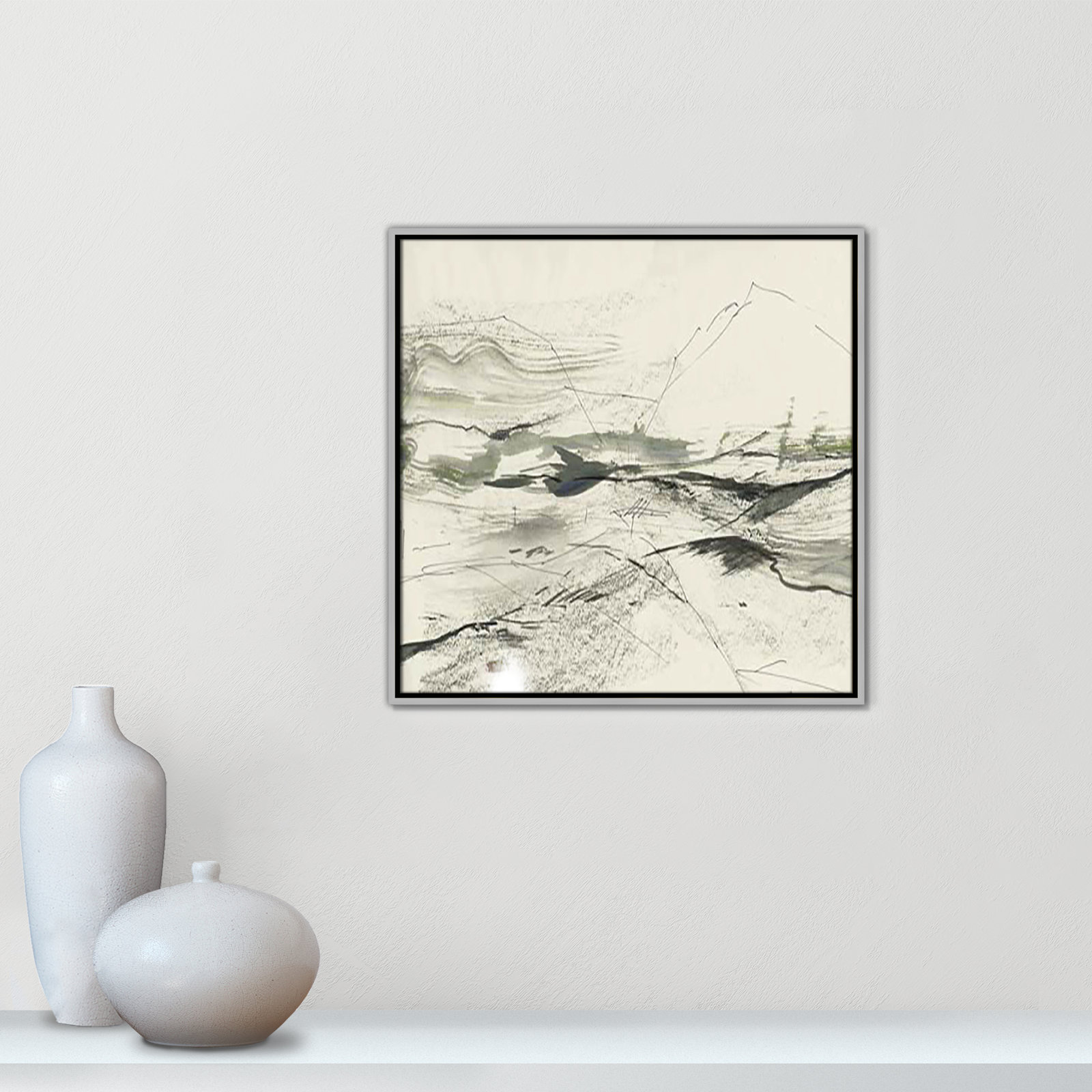 Green Sketches Print, 25.5" H x 25.5" W x 2" D, Silver Floater Framed