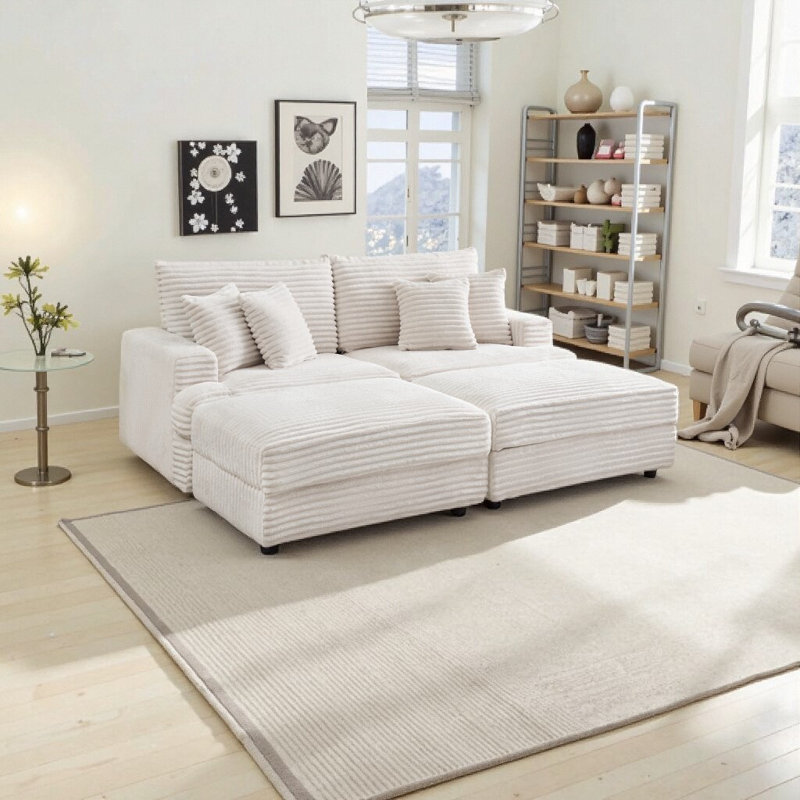 Canapé moelleux en velours côtelé 3 places avec pieds de rangement et 4 coussins | Assemblage sans effort pour une détente ultime dans le salon ou le bureau