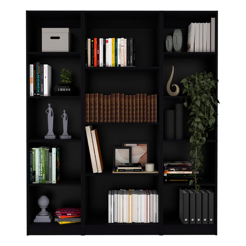 Ensemble de bibliothèque de salon 3 pièces - noir, pratique avec 3 tablettes de rangement noires
