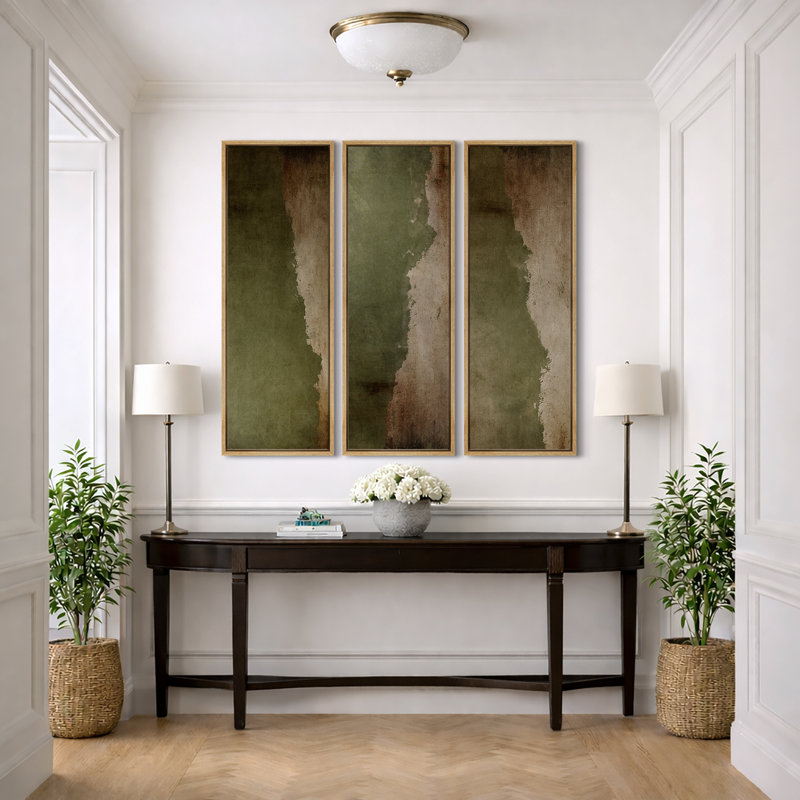 Subtle Olive Green Abstract Earth Tones Triptych – Pictures Extra Large Framed Canvas Print 3 Pieces Wall Art, Natural Frame