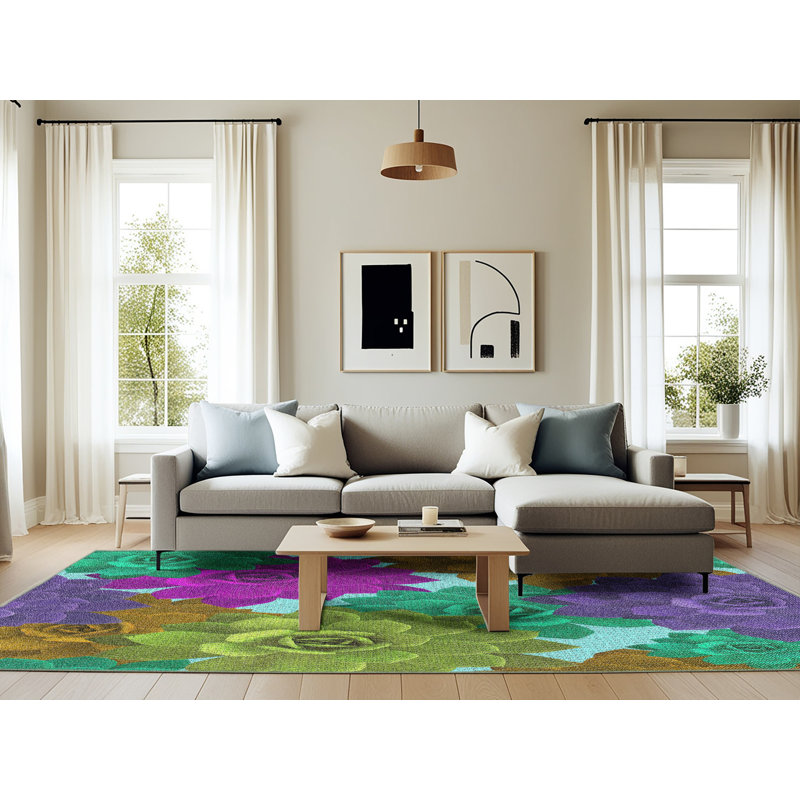 Tapis rose/vert/jaune tissé à la machine, Rectangle 6 pi x 9 pi