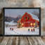 «Black Snowy Christmas Barn with Trees», reproduction d'art encadrée noire-612746091
