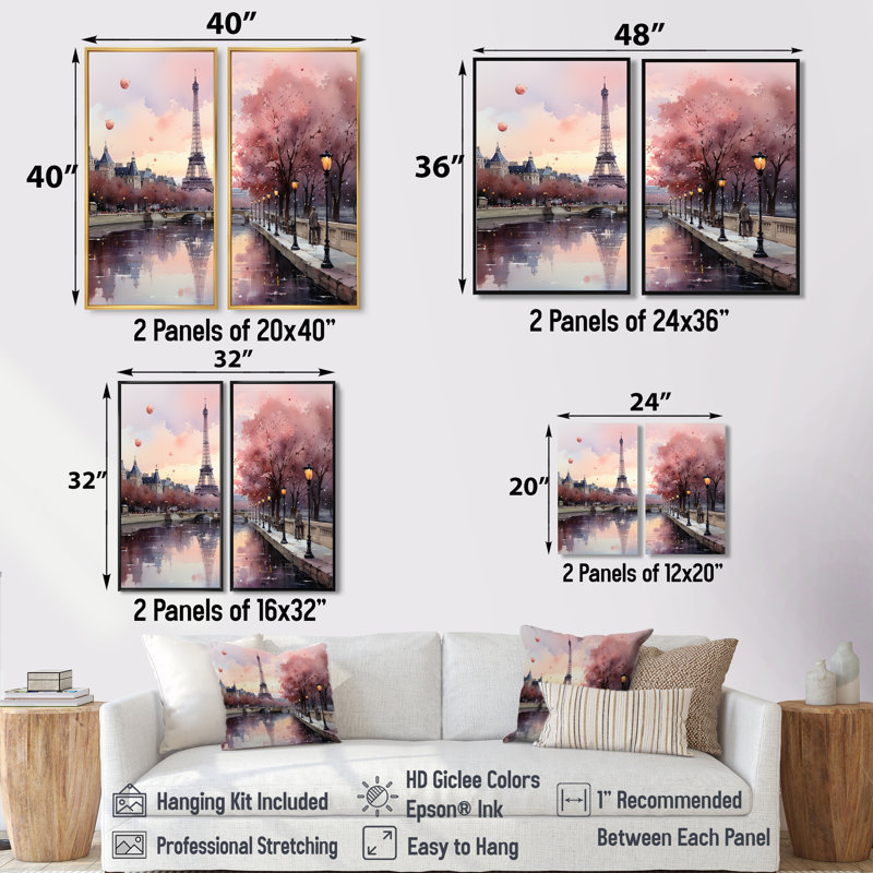 «Pink Twilight Rendezvous In Paris II», ensemble de 2 impressions sur toile traditionnelles, H 40 po x l 40 po, Brun