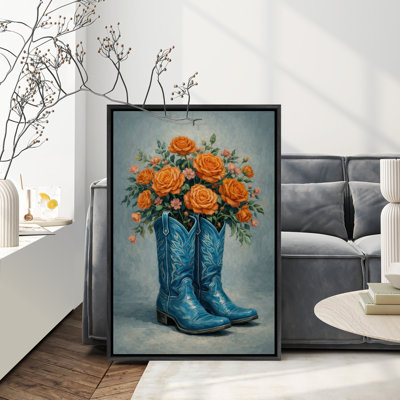Cowboy Boots with Orange Roses Framed Print Wall Art