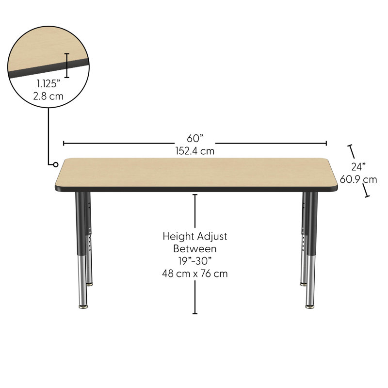 Table rectangulaire d'activité rectangulaire avec pieds réglables, Érable / noir, Super, 24" x 60"