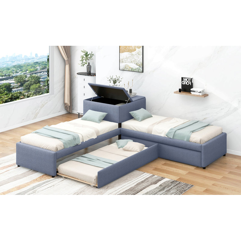 Lit plateforme tapissier en L avec lit gigogne et deux tiroirs reliés par un bureau intégré, simple, gris