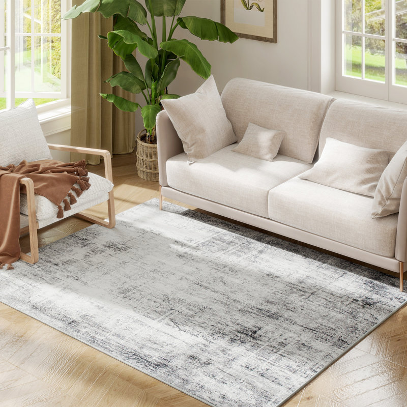 Tapis lavable moderne abstrait pour salon, gris, Rectangle 5 pi x 7 pi