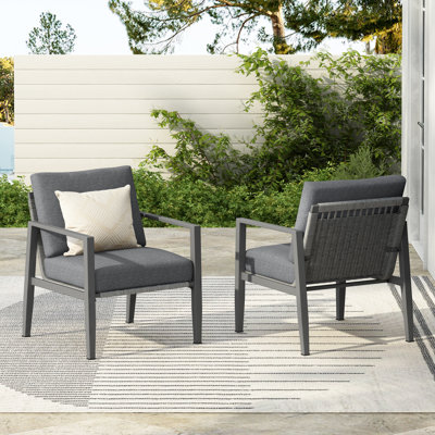  Set of 2 Modern Outdoor Lounge Chair with Aluminum Frame, Rope Accents & Cushions for Patio, Gray