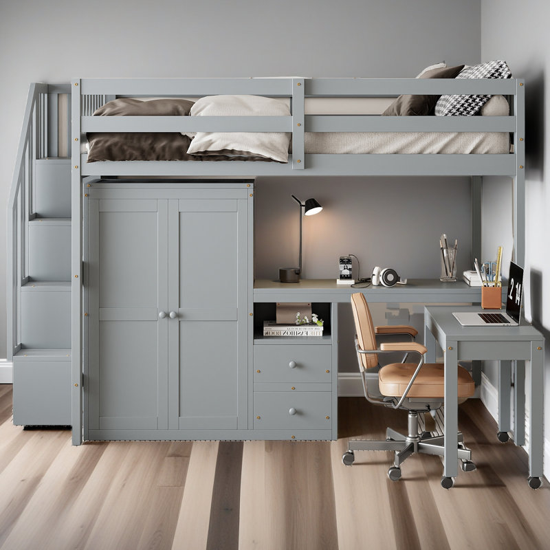 Lit mezzanine avec escalier, Gris, Lit double