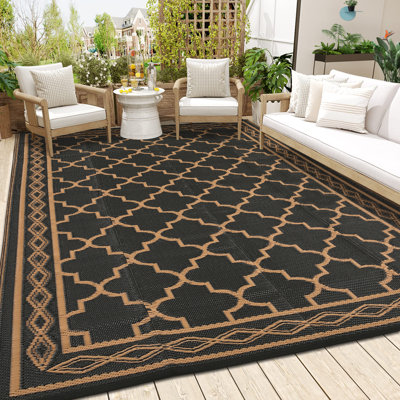  Extra Large Waterproof Reversible Outdoor Rug - Durable Plastic Straw Mat for Patio, Deck & Camping - Lightweight, Easy to Clean, Fade Resistant - Black/Brown, 9x18ft (274x549cm)