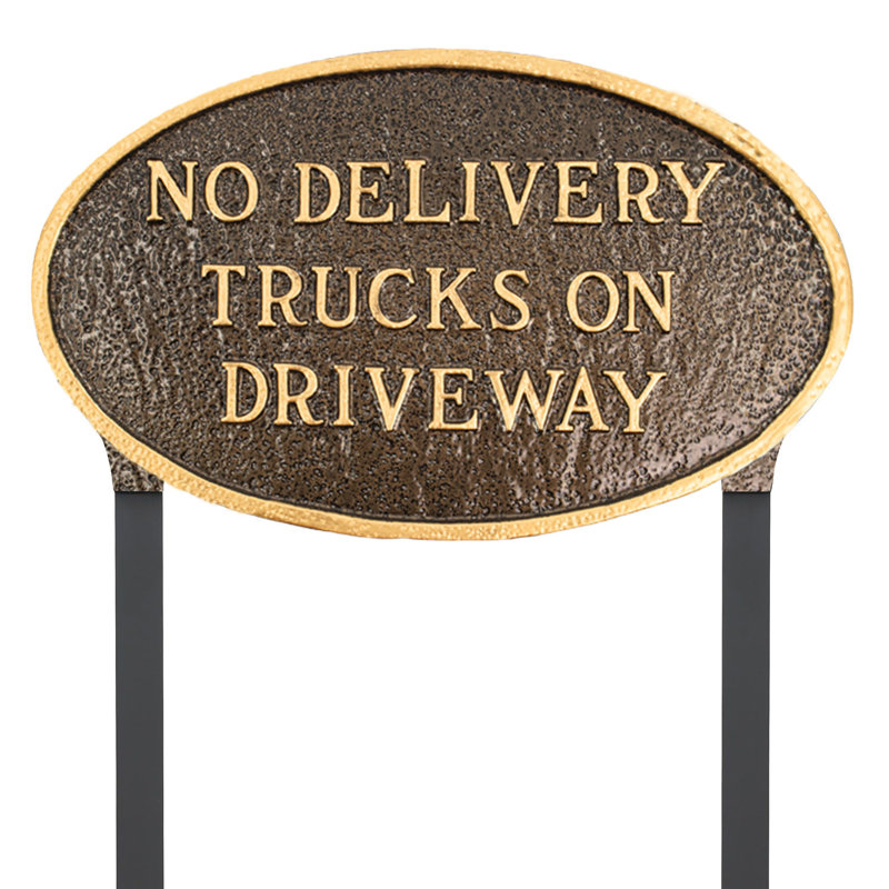 Plaque de déclaration ovale standard avec piquets de pelouse - Pas de camions de livraison sur l'allée - Bronze martelé