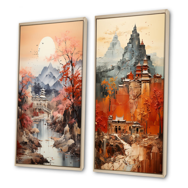 «Voyage le long de la route de la soie», art mural chinois sur toile, ensemble de 2, Encadrement brun, H 32 po x l 33 po