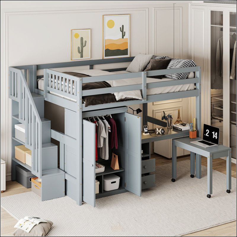 Lit mezzanine double avec escalier, Double, Gris