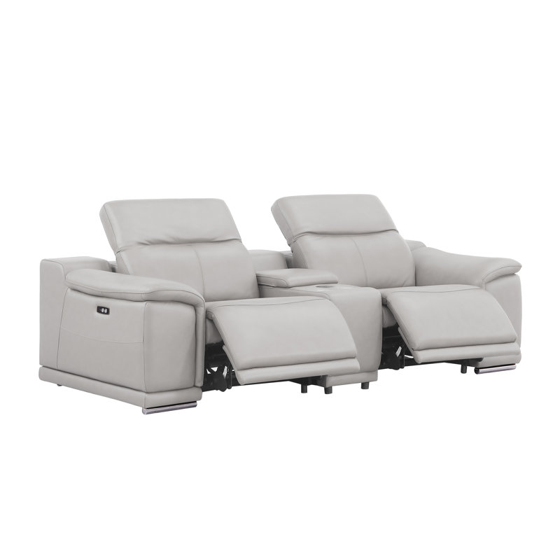 Genuine Leather Console Loveseat With Dual Power Recliners, Light Gray