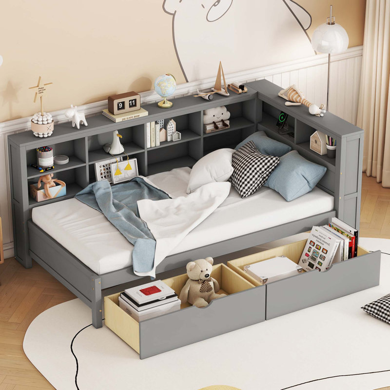 Lit de jour avec tablette de rangement et ports de chargement USB, Gris