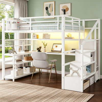 Full Size Metal Loft Bed With Staircase, Wardrobe, Desk, Storage Shelves, LED Lights, And Charging Station
