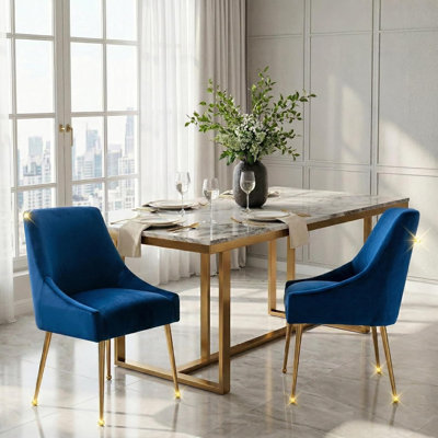 Ensemble de 2 chaises de salle à manger, chaises modernes en velours avec pieds élégants en métal doré, style milieu du siècle pour salon