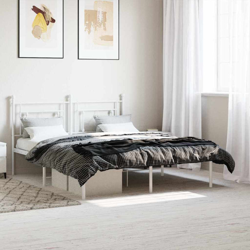 Cadre de lit en métal avec tête de lit Ibraheem, rangement sous le lit, silencieux, sans matelas, Grand, Blanc