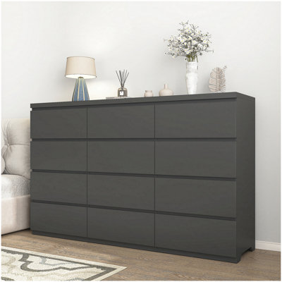 Commode 12 tiroirs double, commode en bois moderne avec grand espace de rangement pour la chambre à coucher, noir