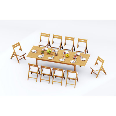 12 Seats 13 Pcs Grade-A Teak Wood Dining Set: 118" Double Extension Rectangle Table And 12 Surfliner Folding Reclining Arm Chairs #11SL2412