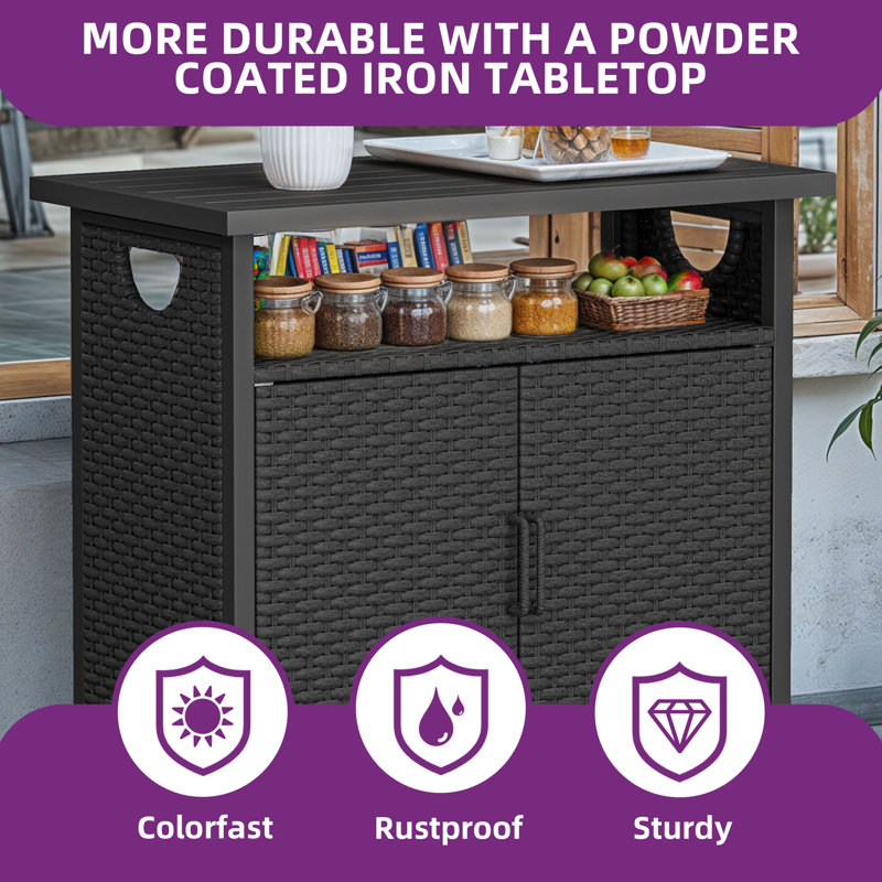 Outdoor PE Rattan Storage Cabinet – Weather-Resistant Wicker Bar Table with Double Doors, Black