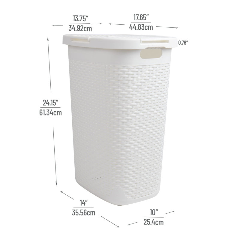 Slim Laundry Hamper, 40 Liter Capacity, Hinged Lid, 2 Pack, White, 17.65"D x 13.75"W x 24.15"H