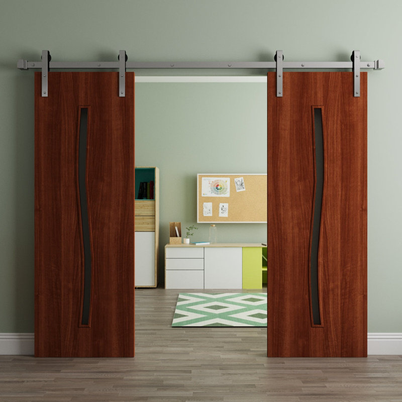 Porte de grange double moderne - ESSENTIEL 8002 - Ensemble de rail 14 pi - Portes intérieures à panneau plein, Noyer Franko
