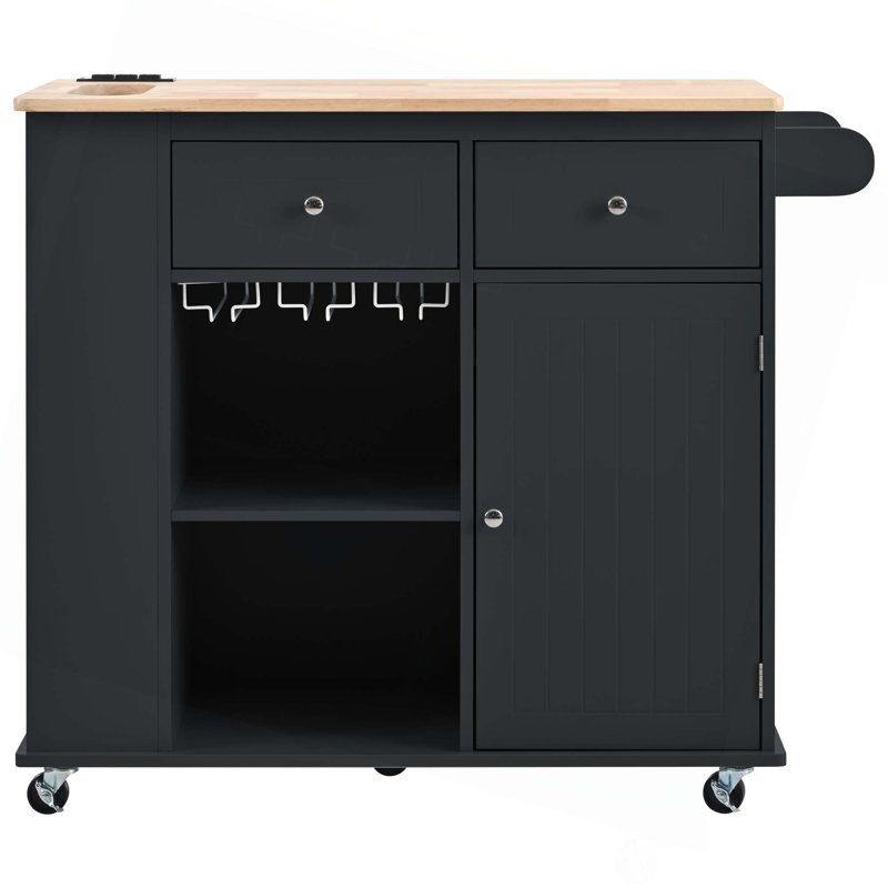 Îlot de cuisine avec prise de courant, îlot de rangement avec abattant et bois d'hévéa, rangement ouvert et support à vin, 5 roulettes, avec rangement réglable pour la maison, la cuisine et la salle à manger