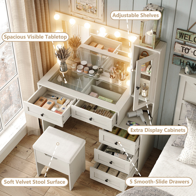 Chester Makeup Vanity Table with 3 Modes Adjustable Brightness Light & Power Outlet & Storage Stool