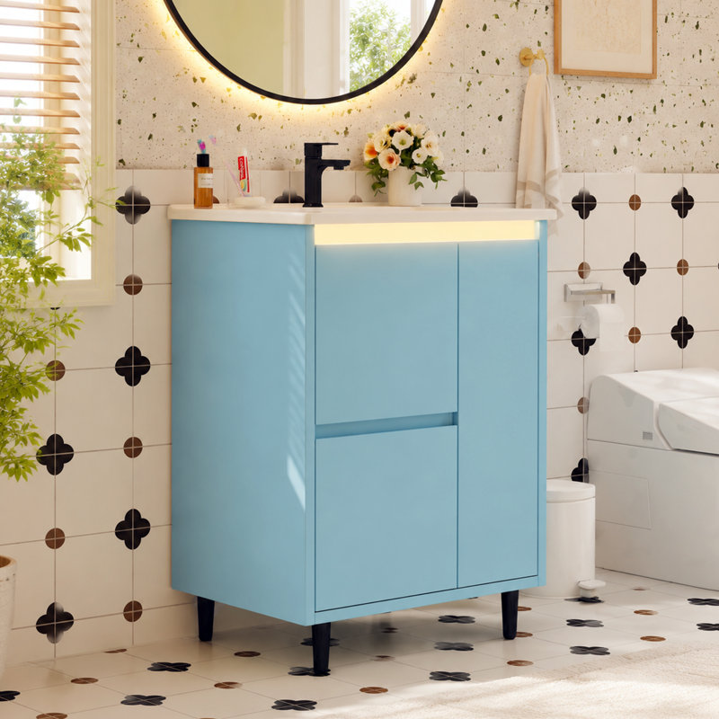 Freestanding Bathroom Vanity with Ceramic Sink, 2 Drawers & Tall Legs, Blue