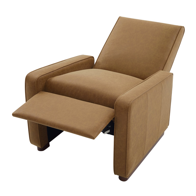 Fauteuil inclinable à pression manuel avec revêtement en similicuir et pieds en bois de noyer, Brown
